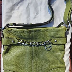 Coach Olive Green Pebble Leather Crossbody with Silver Chain